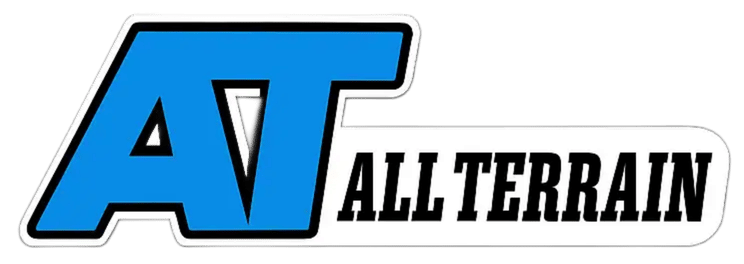 Logo with large blue letters "AT" on the left and bold black text "ALL TERRAIN" on the right, set against a white background with a black border.